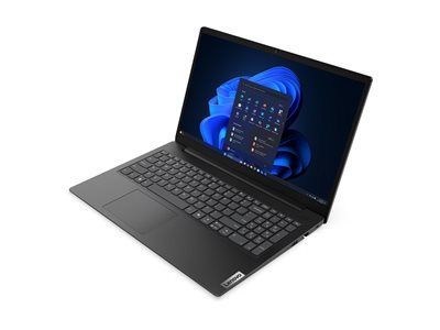 Ordinateur portable noir ouvert sur fond blanc, affichant le bureau de Windows 11 et le menu Démarrer à l’écran