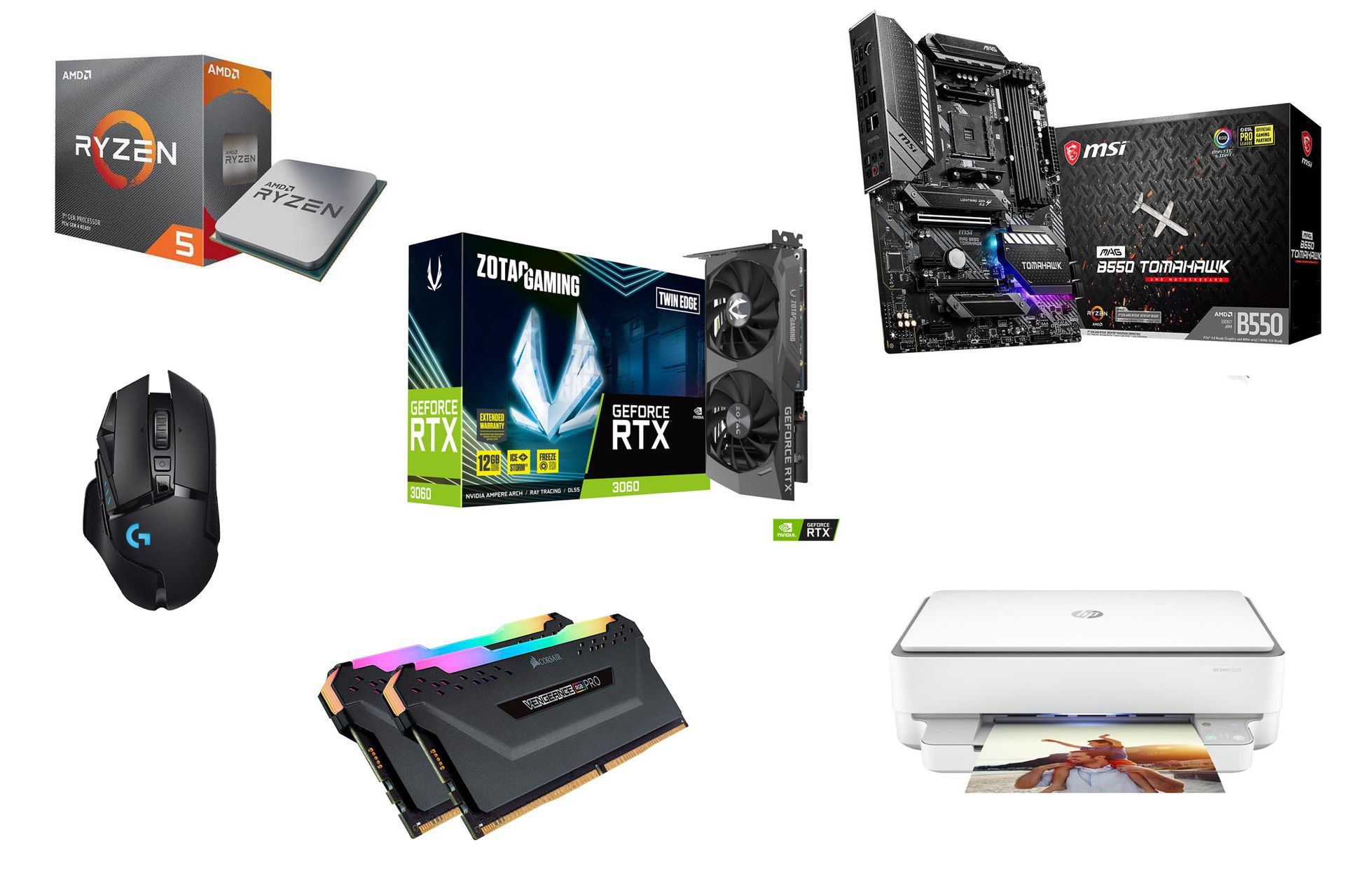 Montage de composants pour PC gaming avec processeur, boîte de carte graphique RTX, carte mère, souris, RAM et imprimante blanche