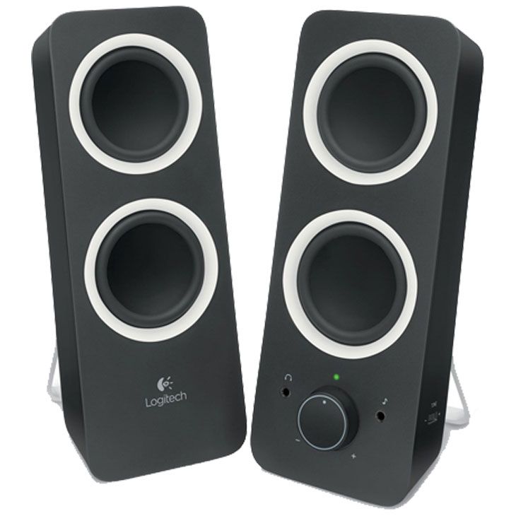 Paire d’enceintes de bureau Logitech noires, avec des haut-parleurs cerclés d’argent et une molette de volume centrale.