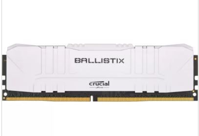 Barrette de mémoire Crucial Ballistix blanche avec texte noir, présentée à l’horizontale sur un fond uni