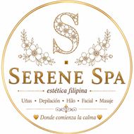 Logotipo dorado para Serene Spa estética filipina con detalles florales y lista de servicios sobre fondo blanco.