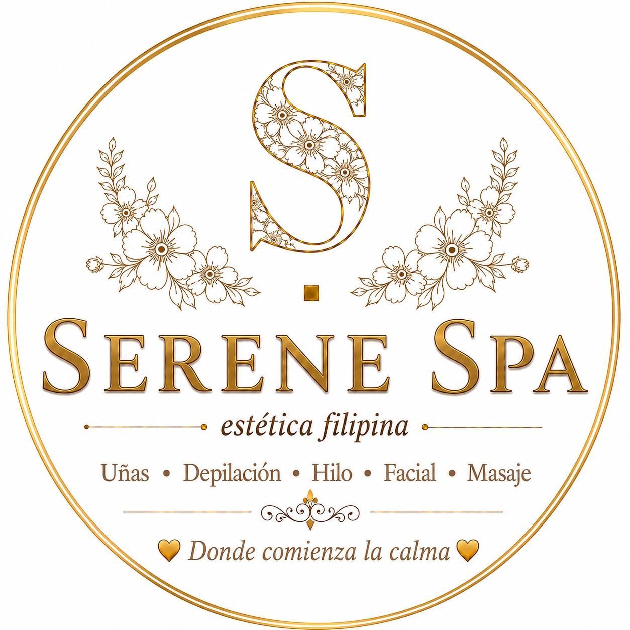 Logotipo dorado para Serene Spa estética filipina con detalles florales y lista de servicios sobre fondo blanco.