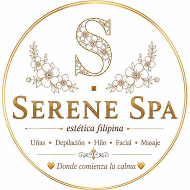 Logotipo dorado para Serene Spa estética filipina con detalles florales y lista de servicios sobre fondo blanco.