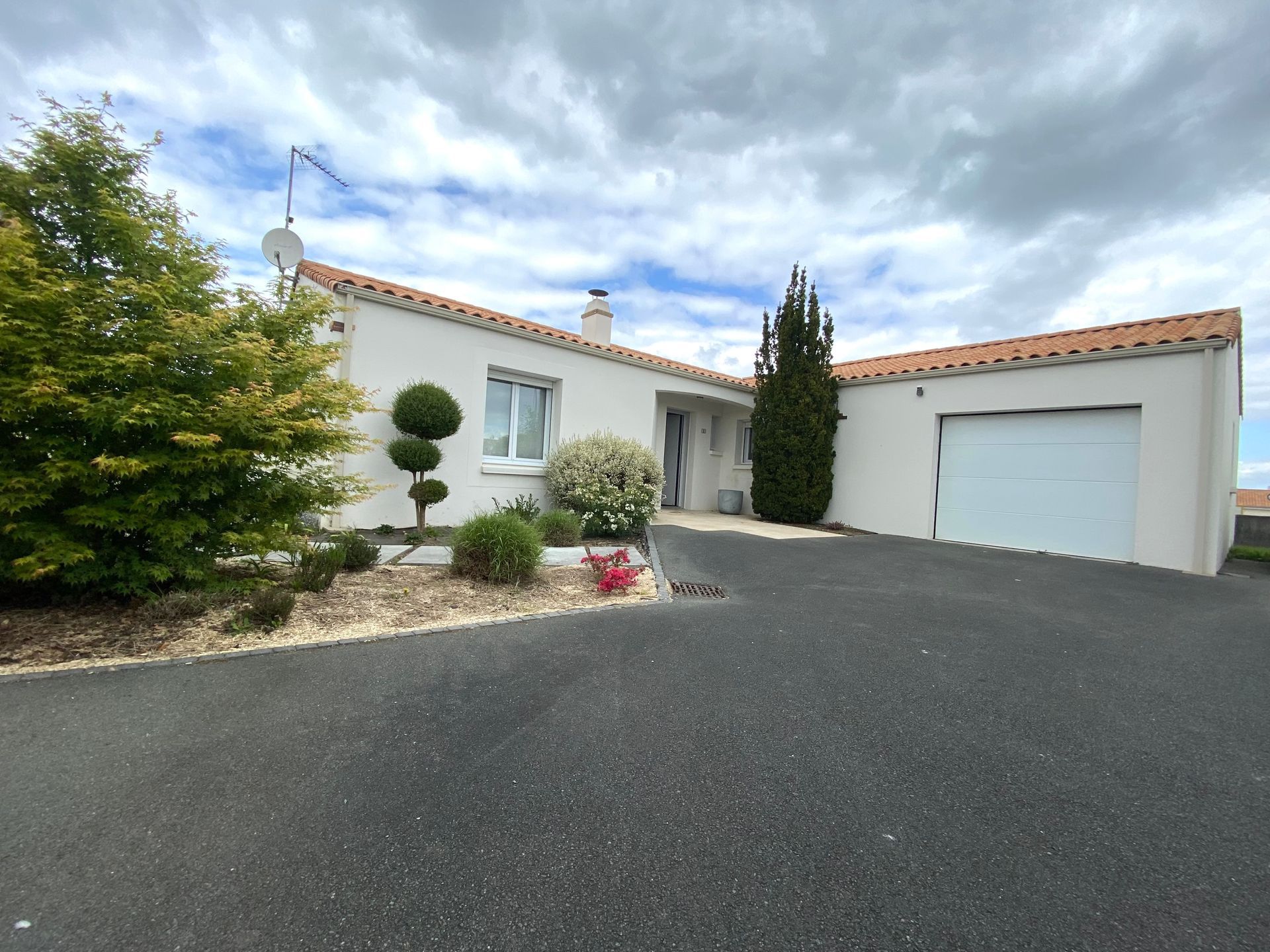 Une maison avec des arbustes et une cour en enrobé.