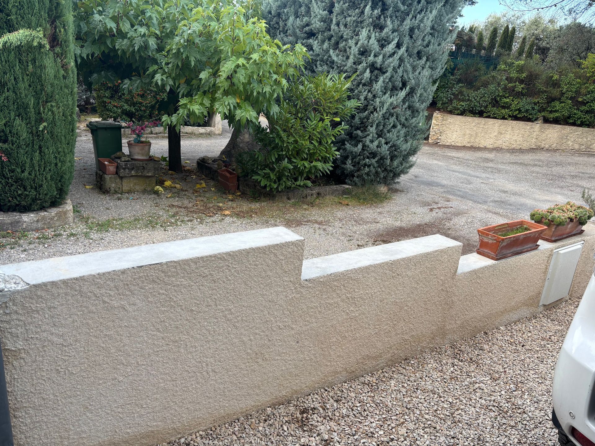 Une cour aménagée d'arbustes avec un muret.