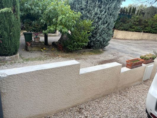 Une cour aménagée d'arbustes avec un muret.