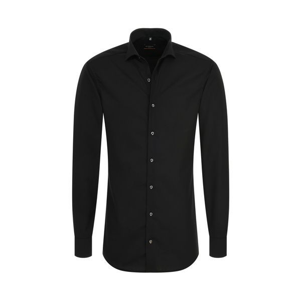 Schwarzes Button-Down-Hemd mit langen Ärmeln, von vorne betrachtet.