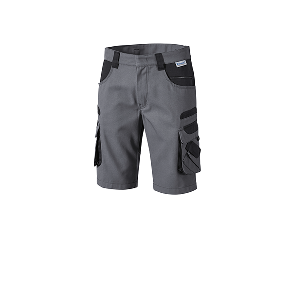 Graue Arbeitsshorts mit schwarzen Taschen und Details.