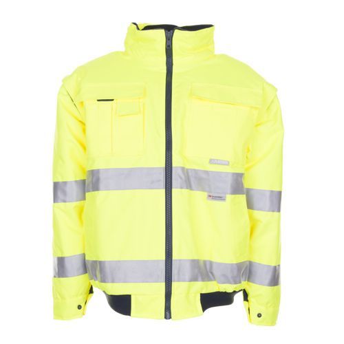 Gelbe Sicherheitsjacke mit reflektierenden Streifen und Taschen.