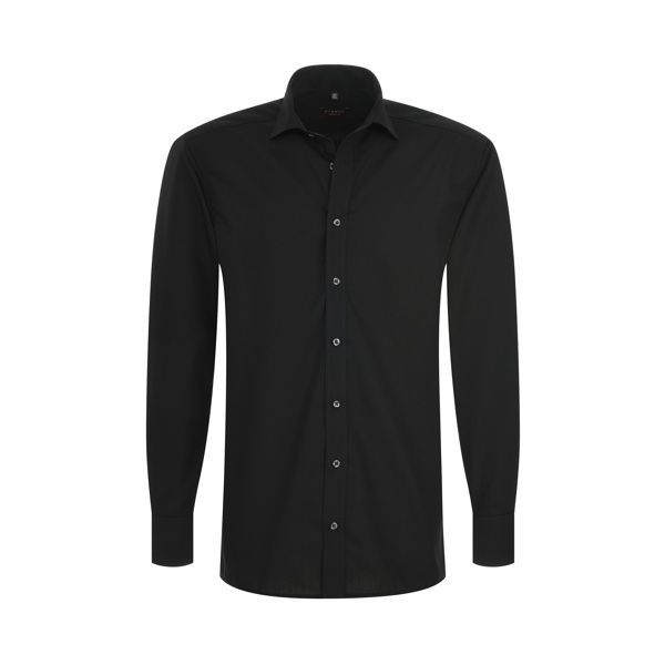 Schwarzes Langarm-Button-Down-Hemd, vollständig zugeknöpft, von vorne auf weißem Hintergrund fotografiert.