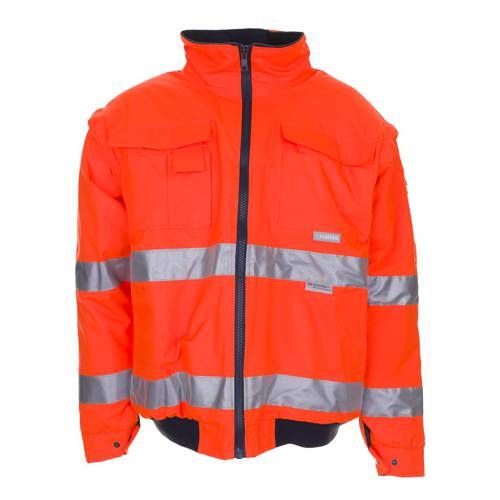 Orangefarbene Warnschutz-Arbeitsjacke mit Reflektorstreifen und Reißverschluss.