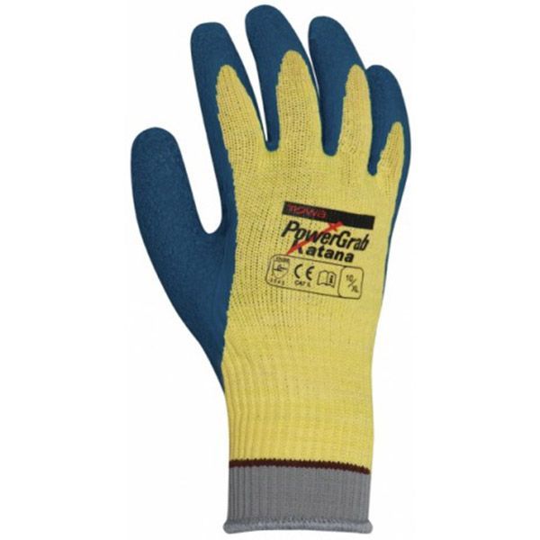 Gelb-blauer Arbeitshandschuh mit grauer Stulpe, Aufschrift PowerGrab Katana.