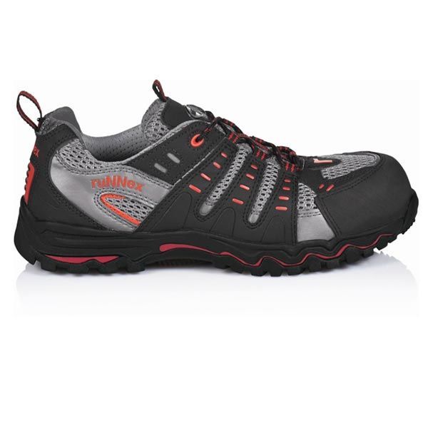 Schwarz-grauer Sicherheitsschuh mit roten Akzenten und Mesh-Details.