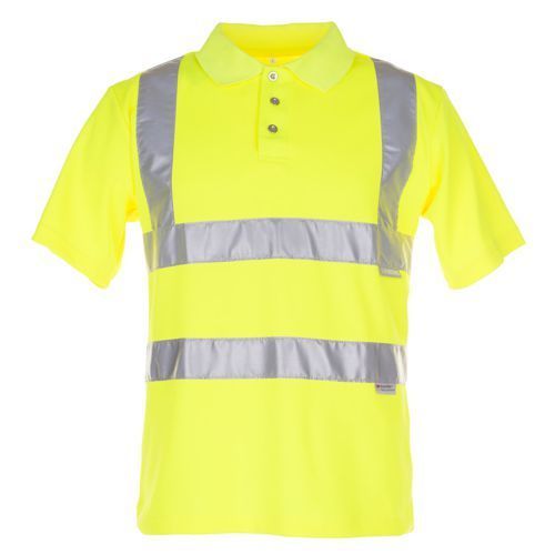 Gelbes Warnschutz-Poloshirt mit reflektierenden Streifen auf Brust und Schultern.