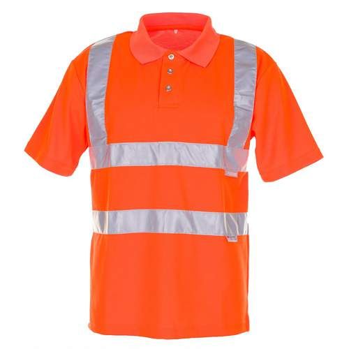 Orangefarbenes Warnschutz-Poloshirt mit reflektierenden Streifen.