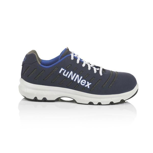Blau-weißer Sportschuh mit dem Markennamen „runNEx“.