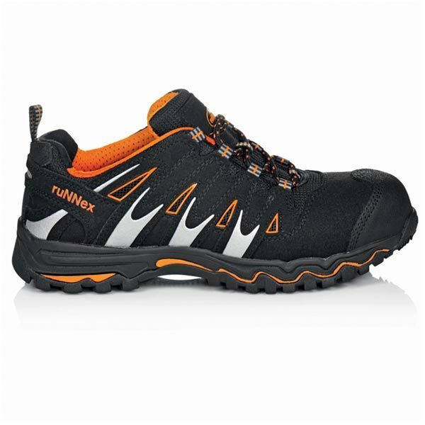 Schwarz-orangefarbener Sicherheitsschuh mit silbernen Akzenten.