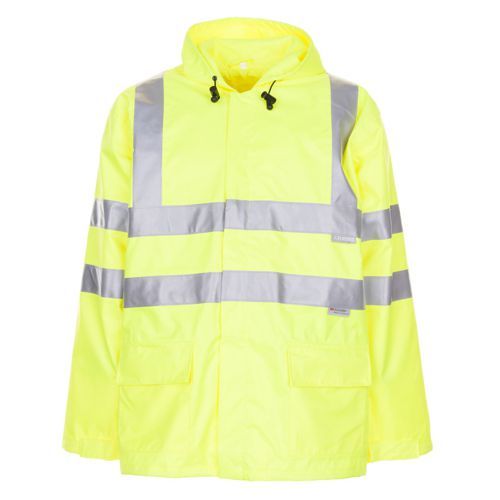 Gelbe Warnschutz-Regenjacke mit reflektierenden silbernen Streifen und Kapuze.