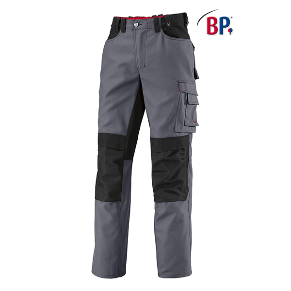 Grau-schwarze Arbeitshose mit verstärkten Knien und Cargotasche. BP-Logo in der Ecke.
