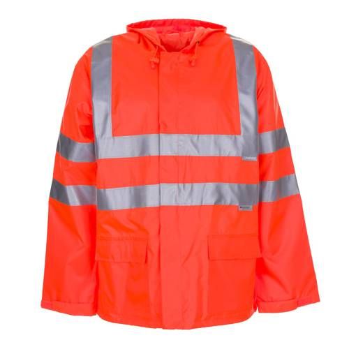 Orange Sicherheitsjacke mit reflektierenden Streifen und Kapuze.