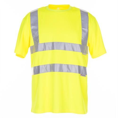 Gelbes Sicherheits-T-Shirt mit reflektierenden silbernen Streifen.