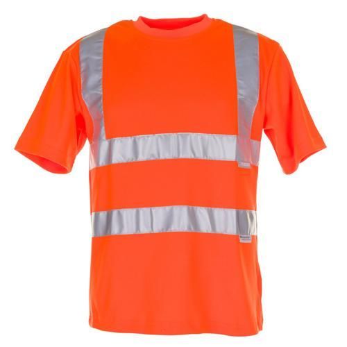 Orangefarbenes Warn-T-Shirt mit reflektierenden Streifen auf Brust, Rücken und Schultern.