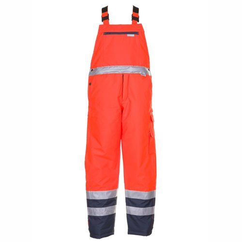 Orangefarbener Sicherheits-Latzoverall mit reflektierenden Streifen, schwarzen Akzenten und verstellbaren Trägern.