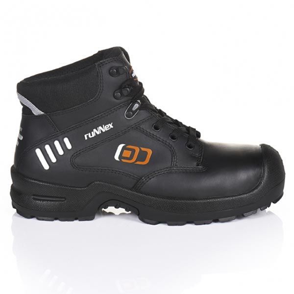Schwarzer Arbeitsstiefel mit orangefarbenen Akzenten und verstärkter Spitze.