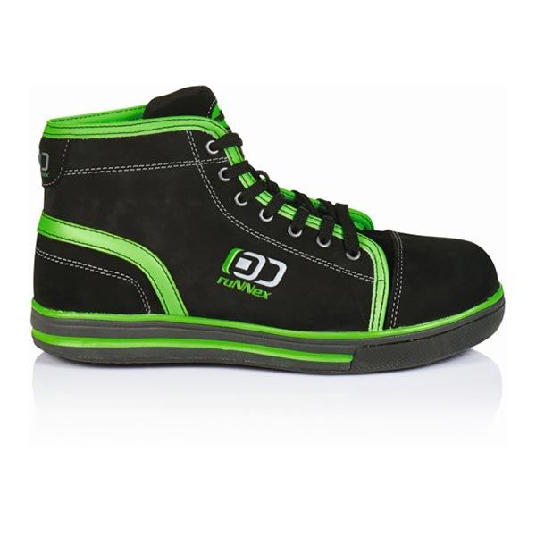 Schwarz-grüner Arbeitsstiefel mit grünen Akzenten und Schnürsenkeln, High-Top-Stil.