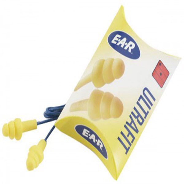 Gelbe EAR Ultrafit-Ohrstöpsel mit blauem Kabel, präsentiert in einer gelb-weißen Verpackung.