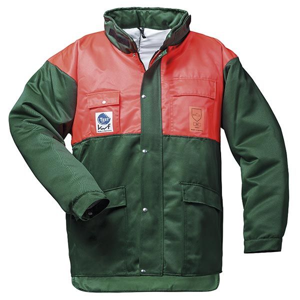 Grün-orange Arbeitsjacke mit hohem Kragen, zwei Brusttaschen und zwei unteren Taschen.