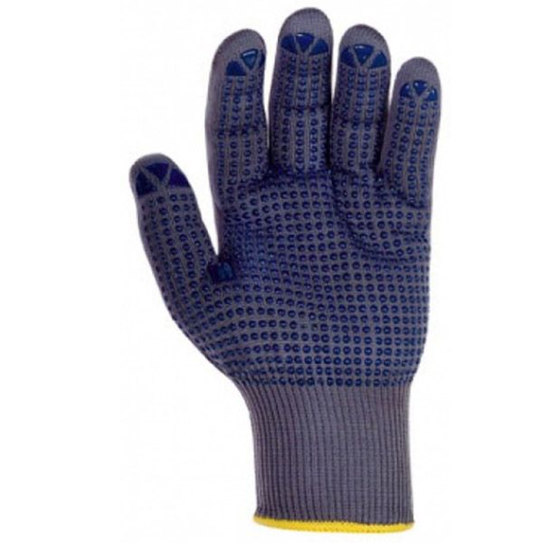 Blau-grauer Arbeitshandschuh mit blauen Griffpunkten, gelber Stulpenbesatz.