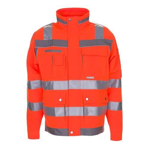 Orangefarbene Warnschutz-Arbeitsjacke mit reflektierenden Streifen und Taschen.