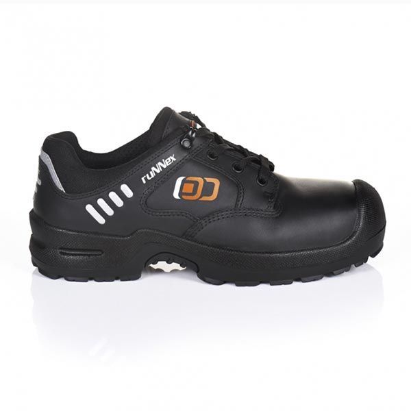 Schwarzer Sicherheitsschuh mit orangefarbenen Akzenten und Stahlkappe.