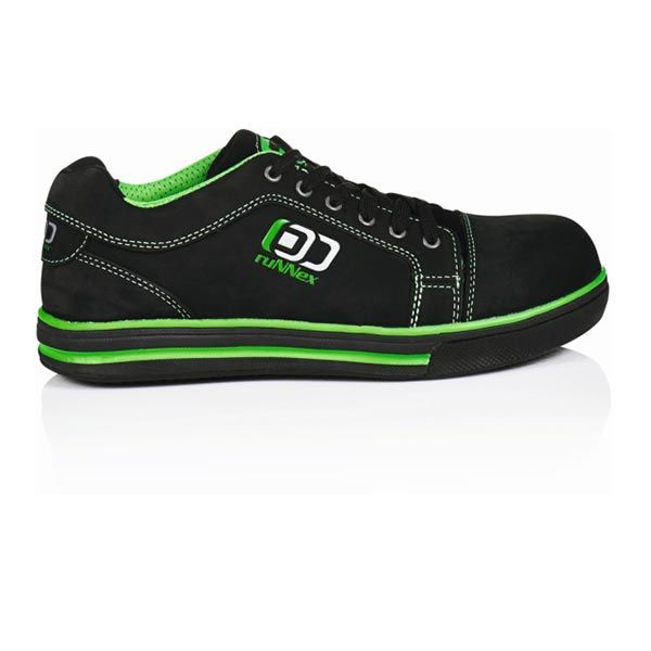 Schwarz-grüner Sicherheitsschuh mit dem Markennamen „M-flex“.