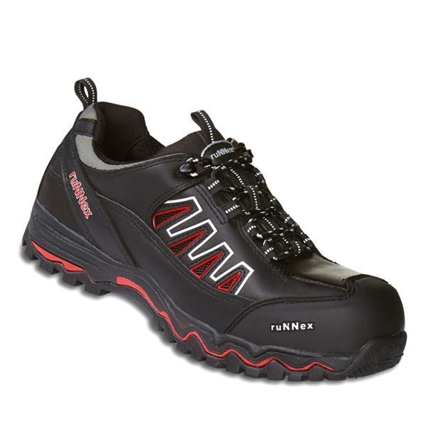 Schwarz-roter Arbeitsschuh mit „Runner“-Schriftzug auf weißem Hintergrund.