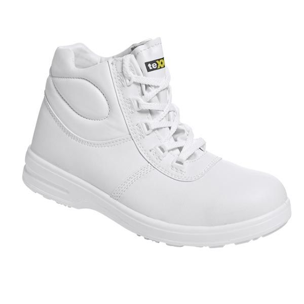 Weißer Arbeitsstiefel aus Leder mit seitlichem Reißverschluss und Schnürsenkeln.