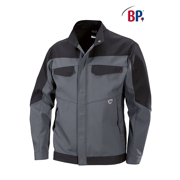 Grau-schwarze Arbeitsjacke mit Taschen und dem BP+-Logo in der oberen rechten Ecke.