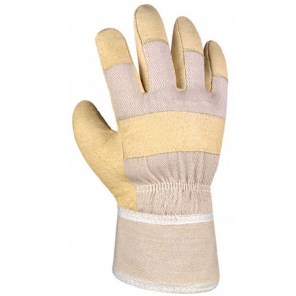 Hellbrauner und beiger Arbeitshandschuh mit verstärkten Fingern und Handgelenk.