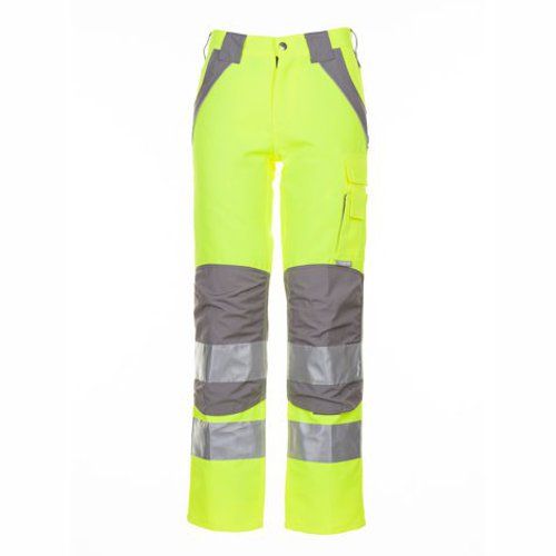 Gut sichtbare gelbe Arbeitshose mit grauen Knieflicken und Reflektorstreifen.