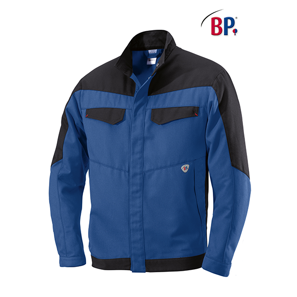 Blau-schwarze Arbeitsjacke mit BP-Logo.