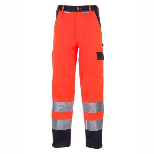Orange Arbeitshose mit reflektierenden Streifen und dunkelblauen Akzenten.