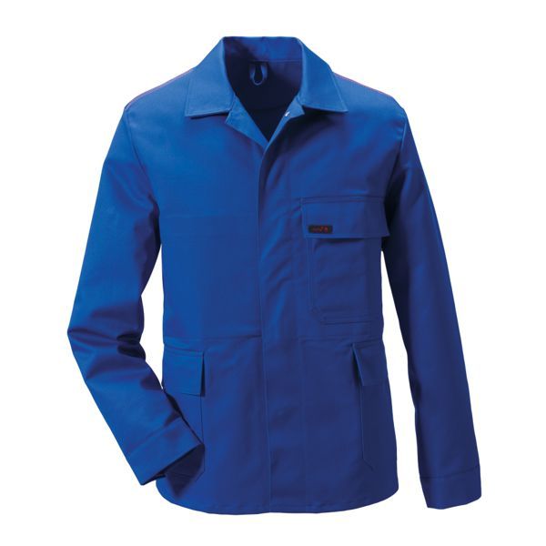 Blaue Arbeitsjacke mit Kragen, zwei Vordertaschen und langen Ärmeln.