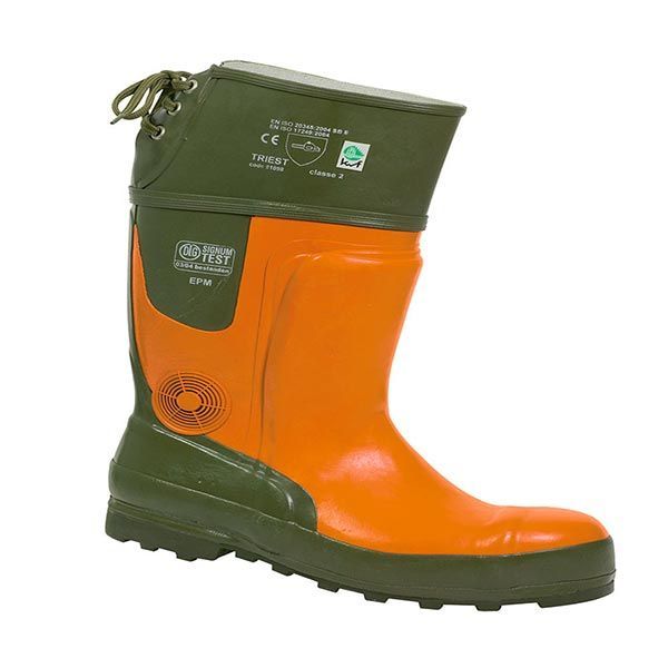 Orange-grüne Arbeitsstiefel mit hohem Schaft und Schnürsenkeln.