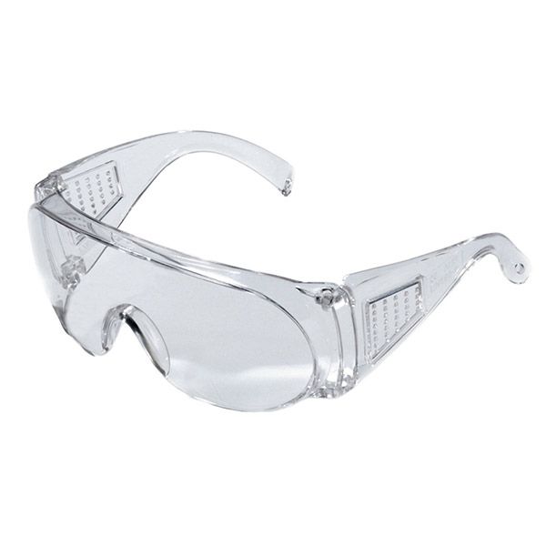 Klare Schutzbrille mit gebogenen Gläsern und Bügeln.