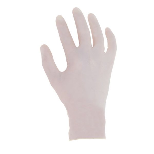 Weißer Latexhandschuh, Hand offen, Handfläche nach vorne.