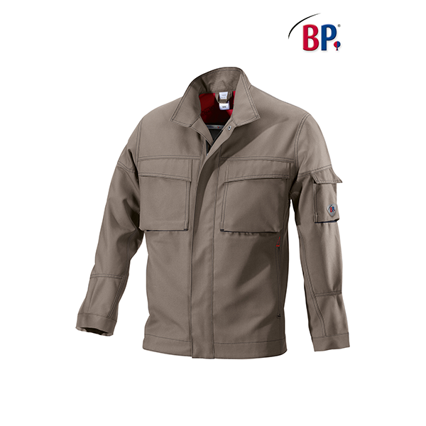 Braune Arbeitsjacke mit mehreren Taschen, BP-Logo in der oberen rechten Ecke.