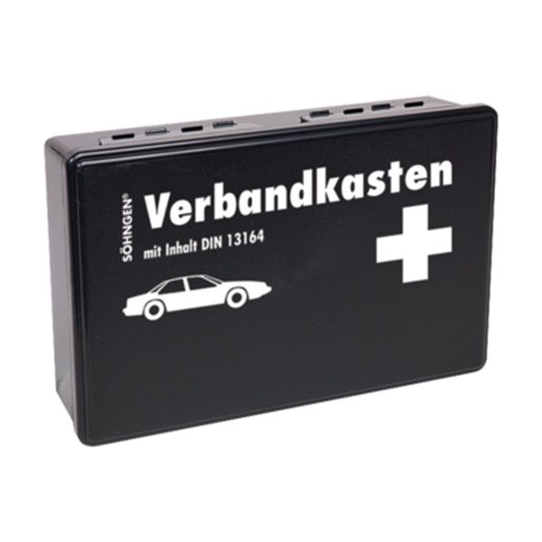 Schwarzer Verbandkasten mit weißer Aufschrift „Verbandkasten“ und Autoabbildung; inklusive weißem Kreuz.