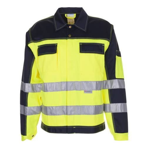 Warnschutz-Arbeitsjacke: Gelb und Marineblau mit reflektierenden Streifen und Taschen.