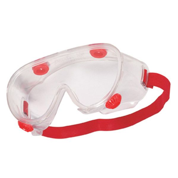 Klare Schutzbrille mit rotem Band und roten Belüftungsöffnungen.